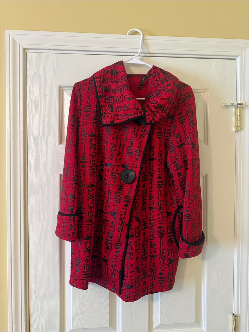 Red Patterned Jacket with Black Trim